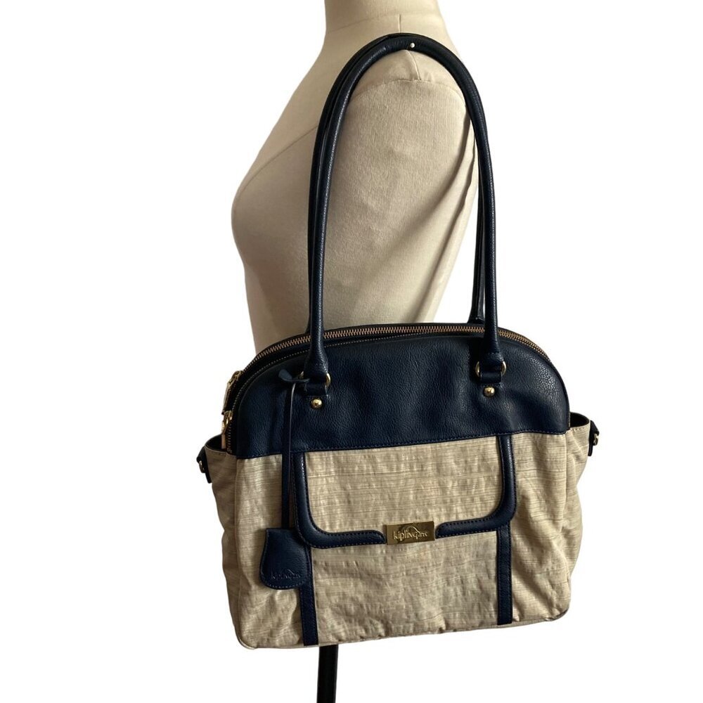 Kipling Melany Handbag Satchel Beige Navy Removable Shoulder Strap Work Travel